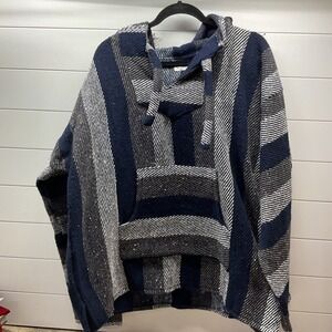Elvis Baja Hoodie Mexican Rug Striped Navy Grey White XL
